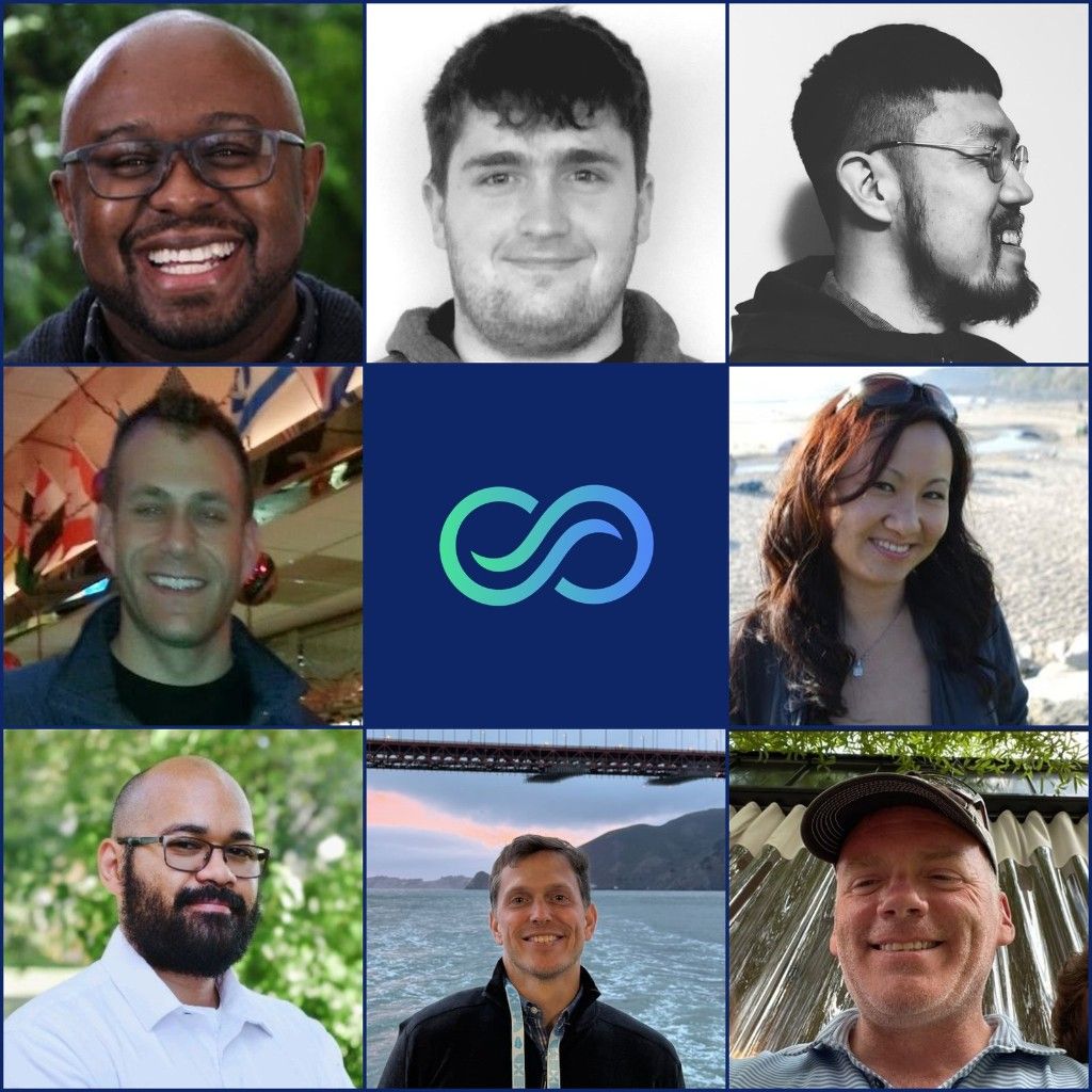 Portraits of the eight CCurrents team members in a grid around the CCurrents logomark